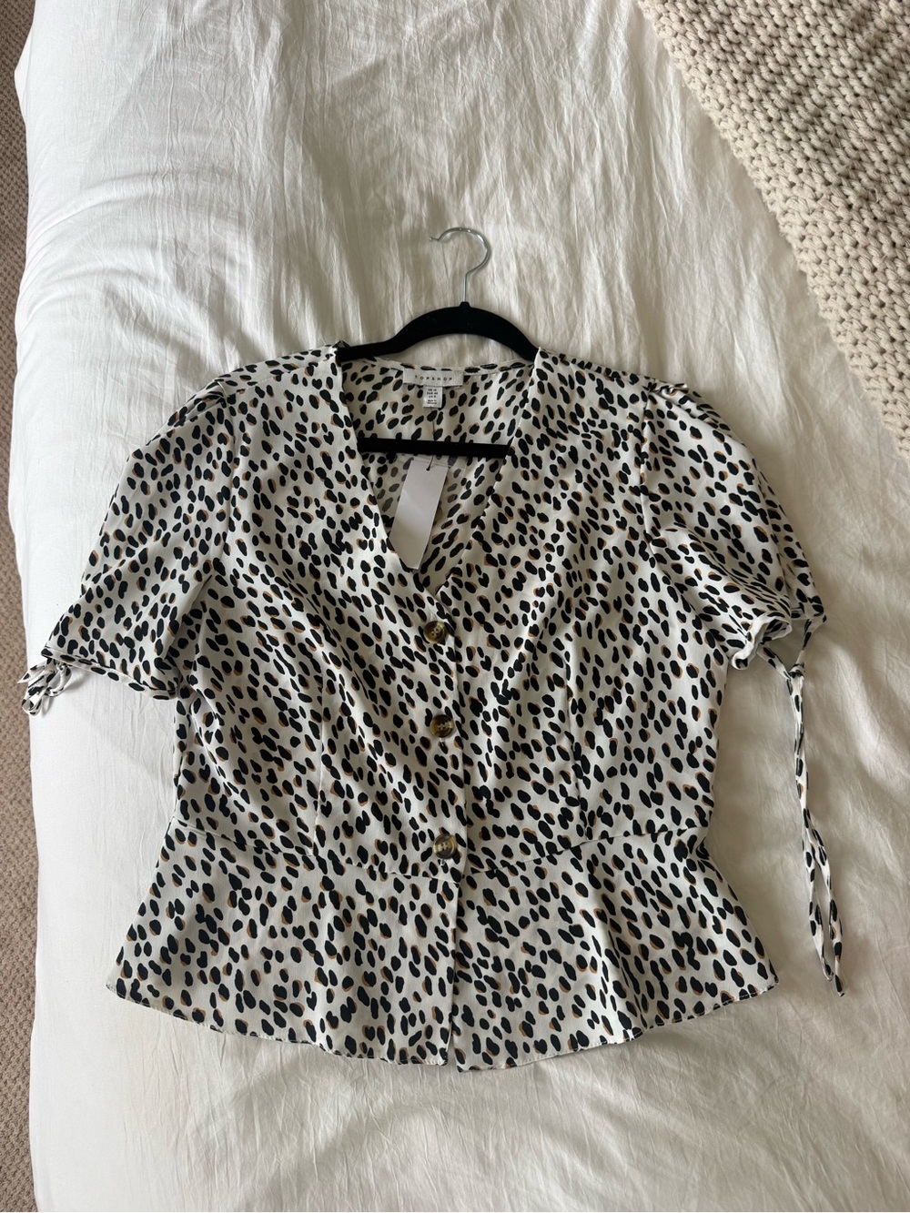 Topshop Black & White Dot Peplum Button-Front Blouse